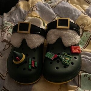 CROCS Green Holiday Mules with Black and White Accents